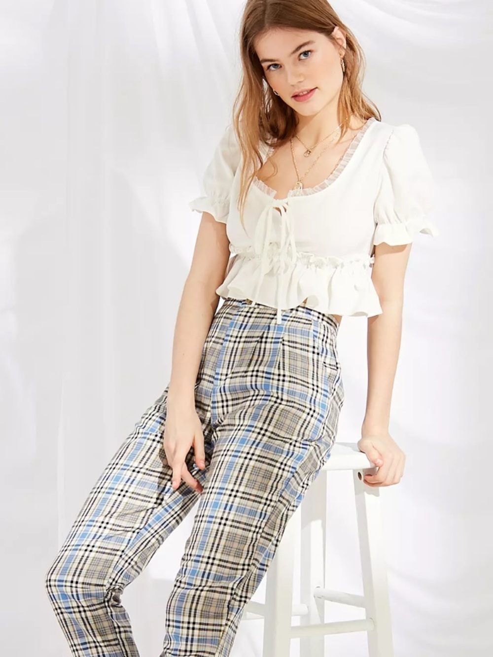 High-Rise Plaid Cropped Pant